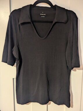 Everlane Ribbed Black V Neck Collared Top Short Sleeve Size L